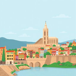 A simple pixel art background featuring iconic buildings of Girona, designed for a video game setting