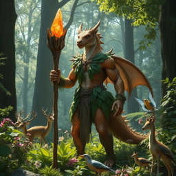 A powerful copper dragonborn druid standing in a mystical forest, adorned in naturalistic, earthy garments made of leaves and vines