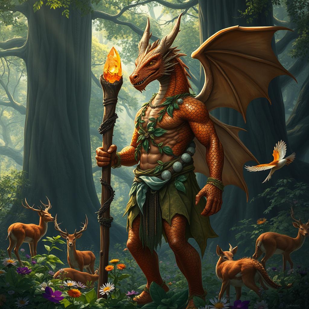 A powerful copper dragonborn druid standing in a mystical forest, adorned in naturalistic, earthy garments made of leaves and vines
