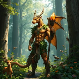 A powerful copper dragonborn druid standing in a mystical forest, adorned in naturalistic, earthy garments made of leaves and vines