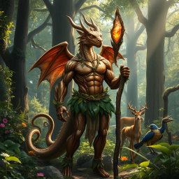 A powerful copper dragonborn druid standing in a mystical forest, adorned in naturalistic, earthy garments made of leaves and vines