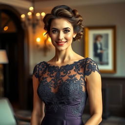 A stunning portrait of a stylish 30-year-old woman dressed elegantly