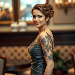 A stunning portrait of a stylish 30-year-old woman dressed elegantly