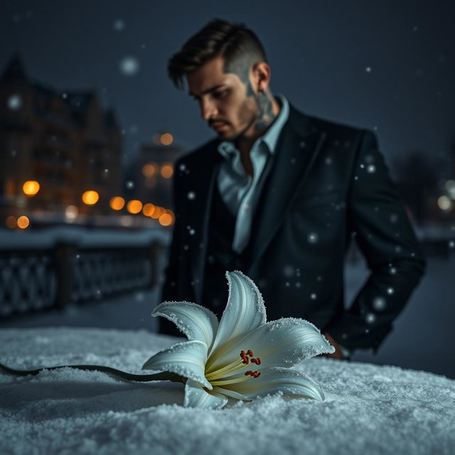 A book cover featuring a dark snowy cityscape in Russia at night, with softly falling snowflakes creating a serene atmosphere