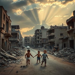 A poignant view of the street in war-torn Gaza, showing the devastation and ruins of the buildings, with scattered debris and signs of conflict