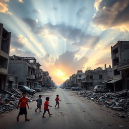 A poignant view of the street in war-torn Gaza, showing the devastation and ruins of the buildings, with scattered debris and signs of conflict