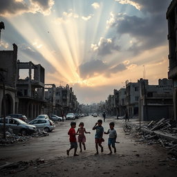A poignant view of the street in war-torn Gaza, showing the devastation and ruins of the buildings, with scattered debris and signs of conflict