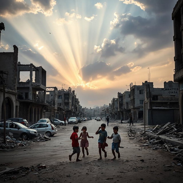 A poignant view of the street in war-torn Gaza, showing the devastation and ruins of the buildings, with scattered debris and signs of conflict