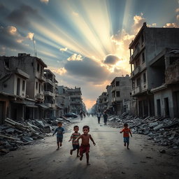 A poignant view of the street in war-torn Gaza, showing the devastation and ruins of the buildings, with scattered debris and signs of conflict