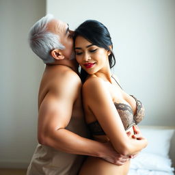 A 39-year-old Indonesian man with pure white skin embraces a beautiful 28-year-old woman from behind, kissing her cheek affectionately