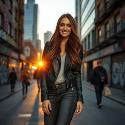 A beautiful brunette woman standing confidently in a stylish urban landscape