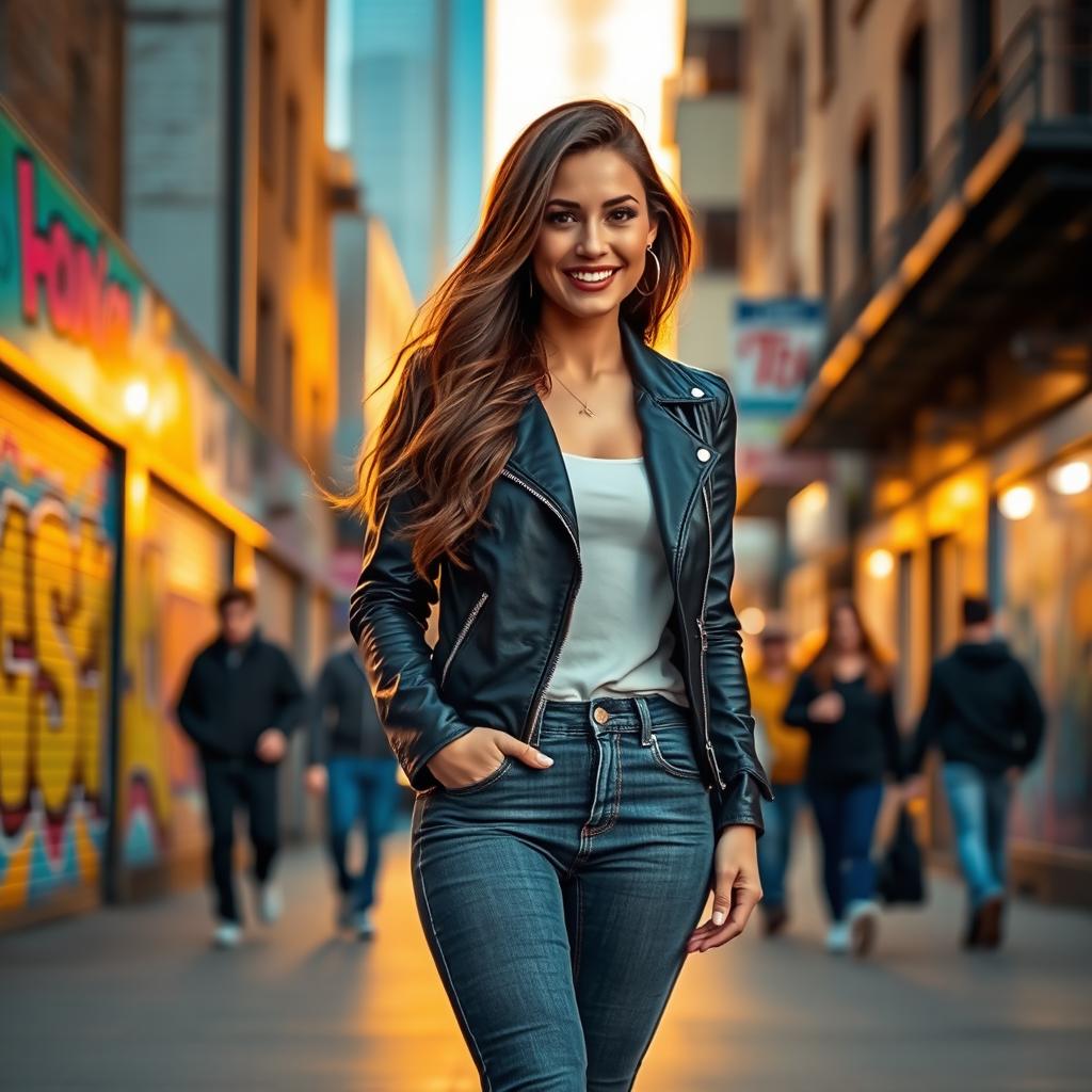 A beautiful brunette woman standing confidently in a stylish urban landscape