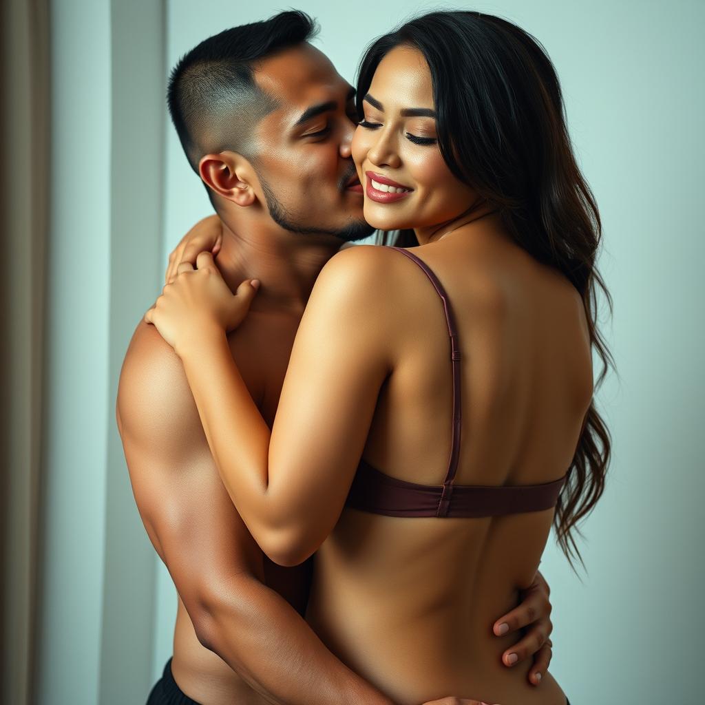 A 39-year-old Indonesian man with pure white skin affectionately hugs a stunning 28-year-old woman from behind, gently kissing her cheek