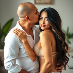 A 39-year-old Indonesian man with pure white skin affectionately hugs a stunning 28-year-old woman from behind, gently kissing her cheek