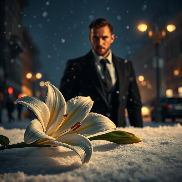A captivating book cover set in a dark snowy cityscape of Russia at night, where delicate snowflakes are gently falling