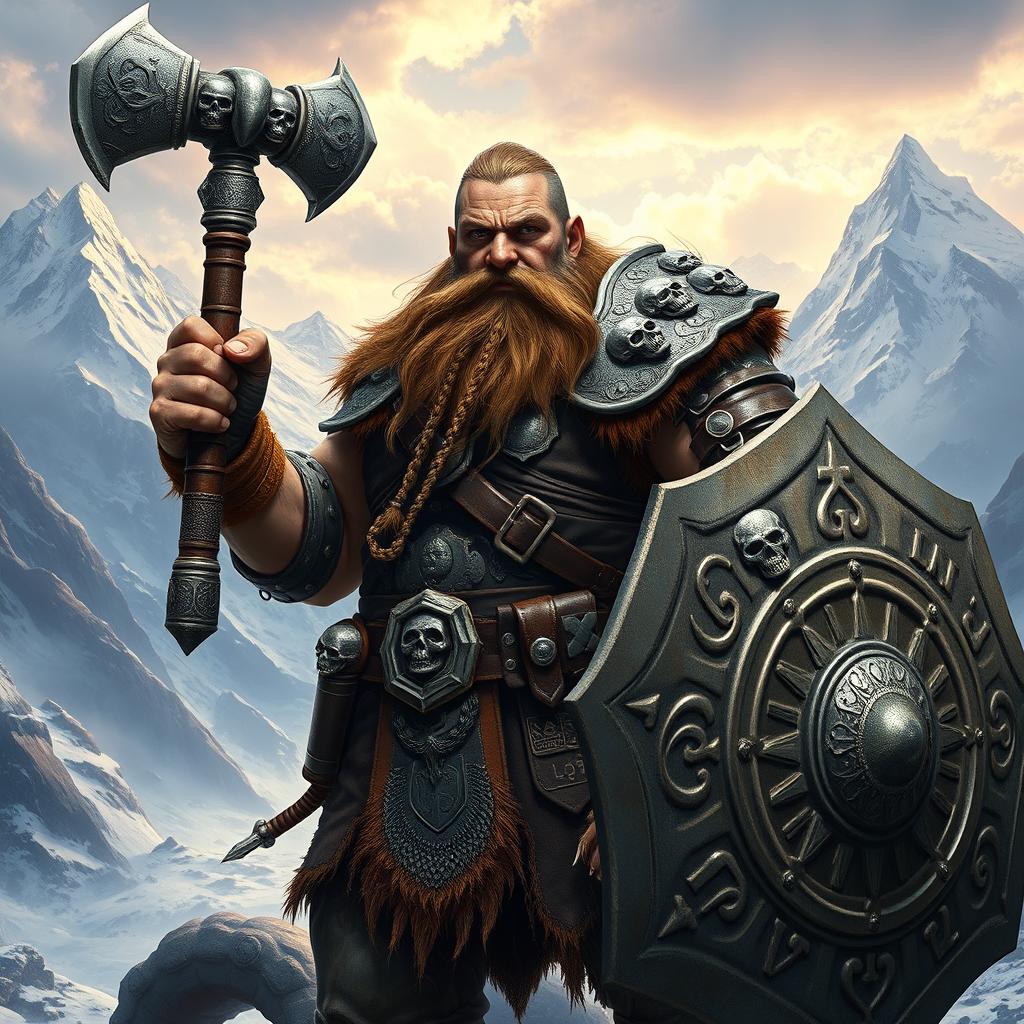 A realistic epic fantasy style image of a long-bearded Dwarf warrior from Dungeons & Dragons