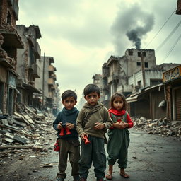 A somber and powerful depiction of the streets of war-torn Gaza, showing the aftermath of conflict with crumbling buildings, debris, and smoke in the background