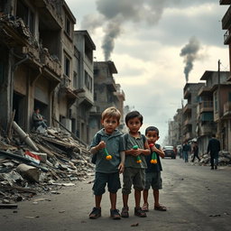A somber and powerful depiction of the streets of war-torn Gaza, showing the aftermath of conflict with crumbling buildings, debris, and smoke in the background