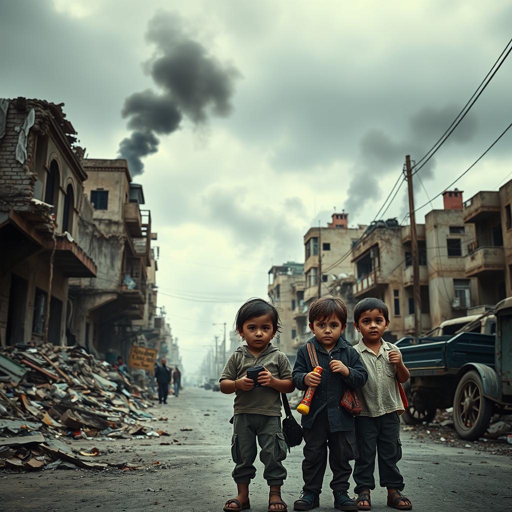 A somber and powerful depiction of the streets of war-torn Gaza, showing the aftermath of conflict with crumbling buildings, debris, and smoke in the background