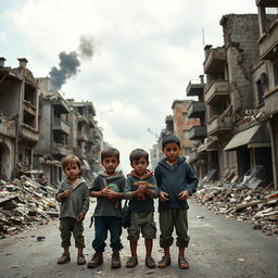 A somber and powerful depiction of the streets of war-torn Gaza, showing the aftermath of conflict with crumbling buildings, debris, and smoke in the background