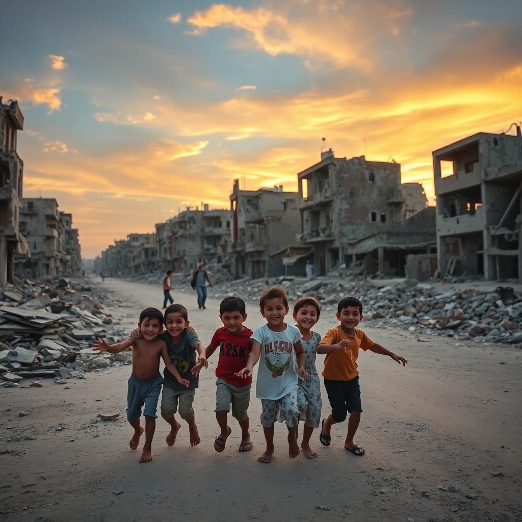 The streets of war-torn Gaza, highlighting the devastation of buildings and debris, with scenes of hope and resilience among the ruins