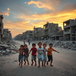 The streets of war-torn Gaza, highlighting the devastation of buildings and debris, with scenes of hope and resilience among the ruins