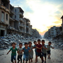 The streets of war-torn Gaza, highlighting the devastation of buildings and debris, with scenes of hope and resilience among the ruins