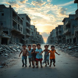 The streets of war-torn Gaza, highlighting the devastation of buildings and debris, with scenes of hope and resilience among the ruins