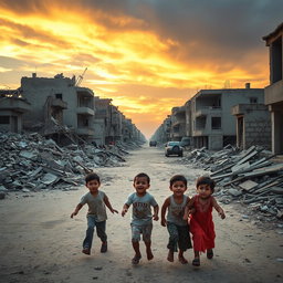 The streets of war-torn Gaza, highlighting the devastation of buildings and debris, with scenes of hope and resilience among the ruins