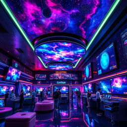 A futuristic multimedia center with a stunning galaxy theme, showcasing a vast array of high-tech entertainment systems, neon lighting, and holographic displays