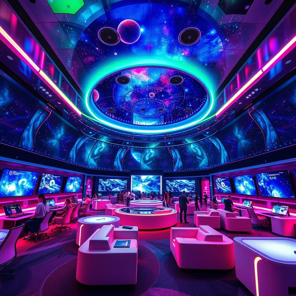 A futuristic multimedia center with a stunning galaxy theme, showcasing a vast array of high-tech entertainment systems, neon lighting, and holographic displays