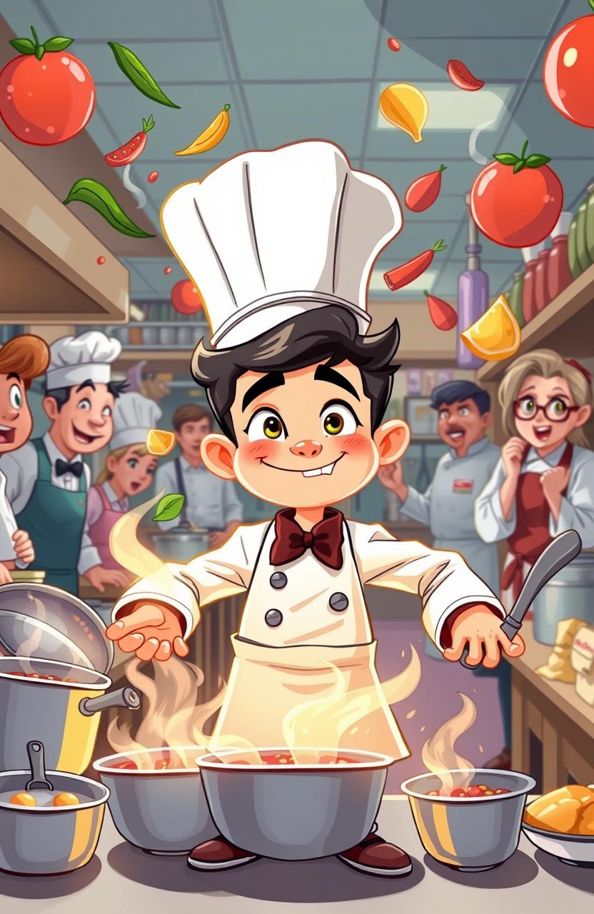 A whimsical cartoon scene depicting a sous-chef with a charmingly exaggerated expression, showcasing their incredible cooking skills in a busy restaurant kitchen