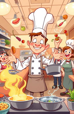 A whimsical cartoon scene depicting a sous-chef with a charmingly exaggerated expression, showcasing their incredible cooking skills in a busy restaurant kitchen