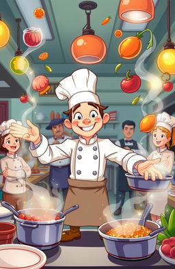 A whimsical cartoon scene depicting a sous-chef with a charmingly exaggerated expression, showcasing their incredible cooking skills in a busy restaurant kitchen