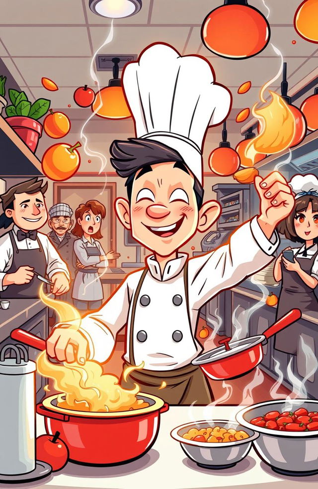A whimsical cartoon scene depicting a sous-chef with a charmingly exaggerated expression, showcasing their incredible cooking skills in a busy restaurant kitchen