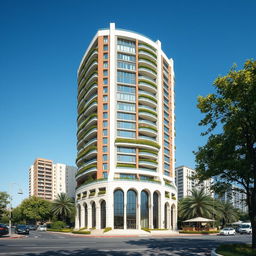 A 22-story residential tower with a dynamic form, combining six styles of Iranian architecture: Elamite (Chogha Zanbil Ziggurat), Achaemenid (Apadana Palace), Parthian (Taq Kasra), Isfahani (Ali Qapu), Qajar (Golestan Palace), and futuristic modern