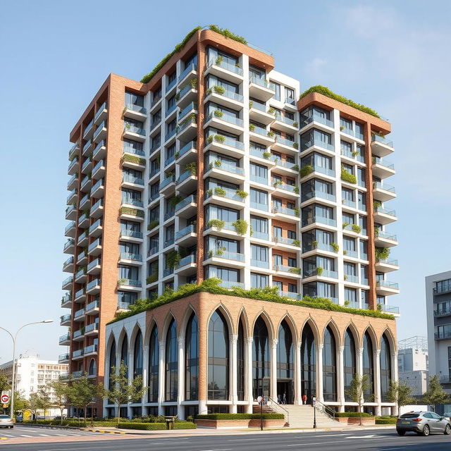 A 22-story residential tower with a dynamic form, combining six styles of Iranian architecture: Elamite (Chogha Zanbil Ziggurat), Achaemenid (Apadana Palace), Parthian (Taq Kasra), Isfahani (Ali Qapu), Qajar (Golestan Palace), and futuristic modern