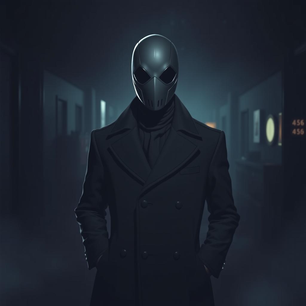 An engaging scene featuring the character 456, dressed in the striking black coat and mask of the Frontman from Squid Game