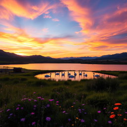 A majestic landscape at sunset with rolling hills and a vibrant sky painted in shades of orange, purple, and pink