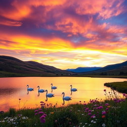 A majestic landscape at sunset with rolling hills and a vibrant sky painted in shades of orange, purple, and pink