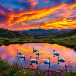 A majestic landscape at sunset with rolling hills and a vibrant sky painted in shades of orange, purple, and pink