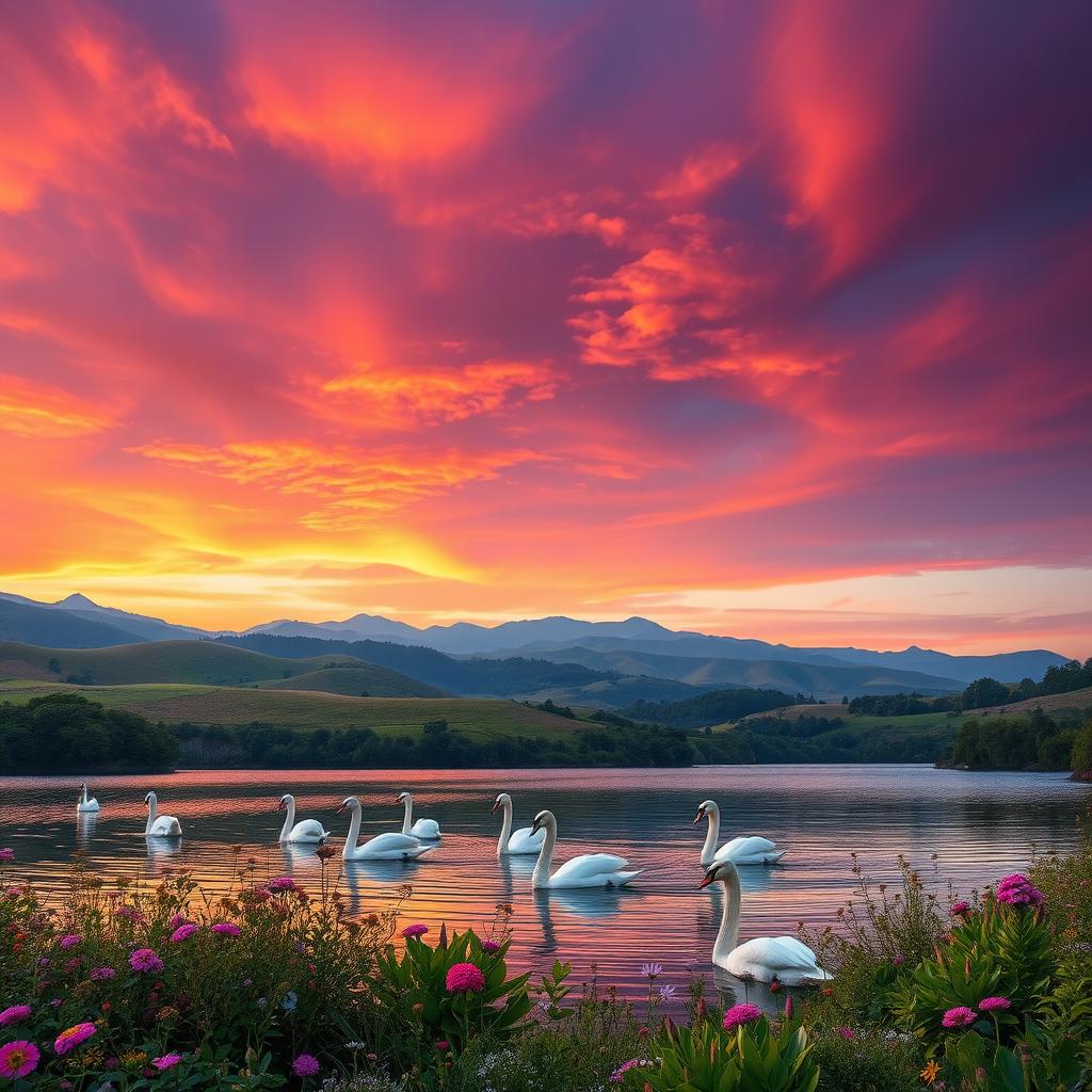 A majestic landscape at sunset with rolling hills and a vibrant sky painted in shades of orange, purple, and pink