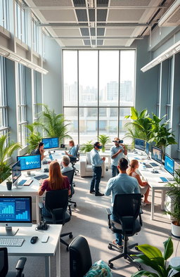 A futuristic office environment showcasing advanced AI technology integrated into daily business operations