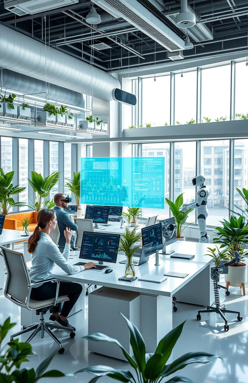A futuristic office environment showcasing advanced AI technology integrated into daily business operations