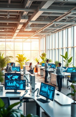 A futuristic office environment showcasing advanced AI technology integrated into daily business operations