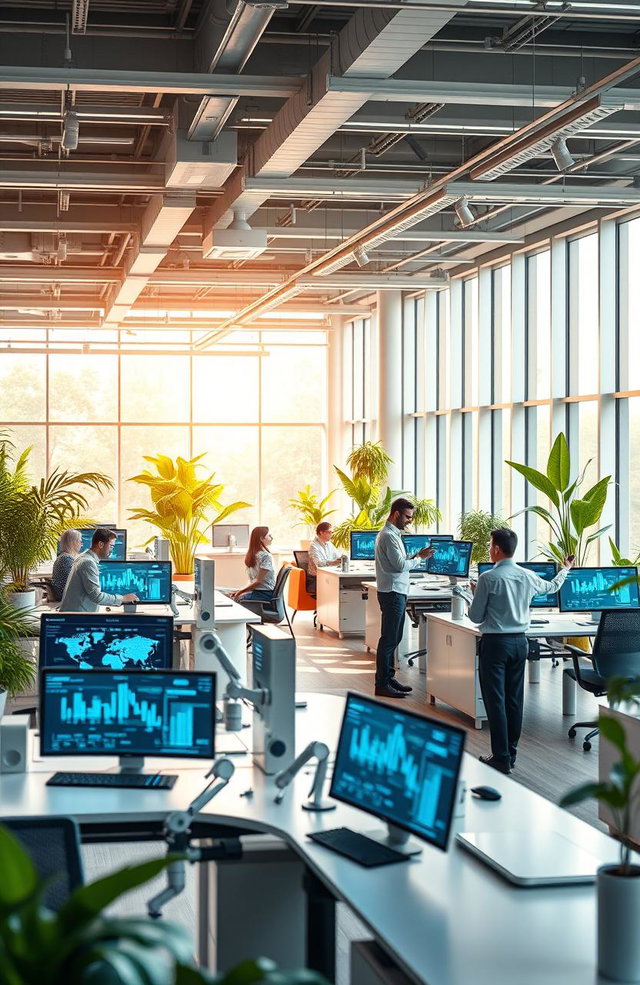 A futuristic office environment showcasing advanced AI technology integrated into daily business operations