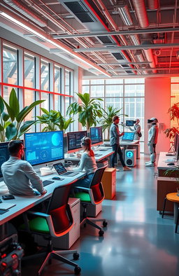 A futuristic office environment showcasing advanced AI technology integrated into daily business operations