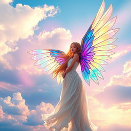A beautiful girl with stunning, iridescent wings standing gracefully in front of a breathtaking sky filled with vibrant colors