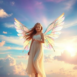 A beautiful girl with stunning, iridescent wings standing gracefully in front of a breathtaking sky filled with vibrant colors
