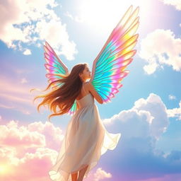 A beautiful girl with stunning, iridescent wings standing gracefully in front of a breathtaking sky filled with vibrant colors